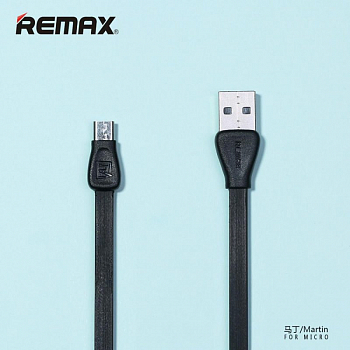 USB кабель REMAX RC-028m Martin MicroUSB, плоский, пластиковые разьемы, 1м, TPE (черный)