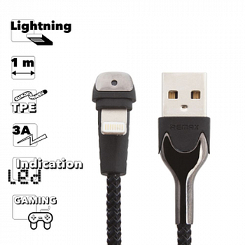 USB кабель REMAX RC-097i HEYMANBA Lightning 8-pin, 3А, LED, загнутый, 1м, нейлон (черный)