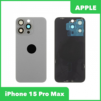 Задняя крышка для телефона Apple iPhone 15 Pro Max в сборе со стеклом камеры с логотипом (серый)