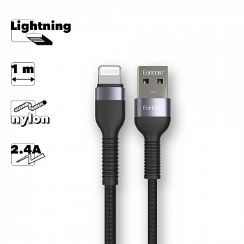 USB кабель Earldom EC-100I Lightning 8-pin, 2.4А, 1м, нейлон (черный)