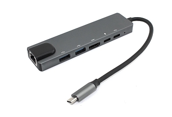 Адаптер Type C на HDMI, USB 3.0*2 + RJ45 + Type C*2 серый