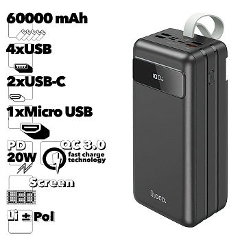 Внешний АКБ HOCO J86B Powermaster 60000mAh, 4xUSB, 2xUSB-C, 1xMicroUSB, 3А, PD20W, QC3.0, LED дисплей, Li-Pol (черный)
