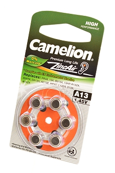 Батарейка (элемент питания) Camelion Zinc-Air A13-BP6 (0%Hg) BL6, 1 штука