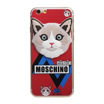 Защитное стекло для телефона Apple iPhone 6, 6S Moschino на переднюю и заднюю часть Кот Барсик, красное