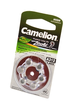 Батарейка (элемент питания) Camelion Zinc-Air A312-BP6 (0% Hg) BL6, 1 штука