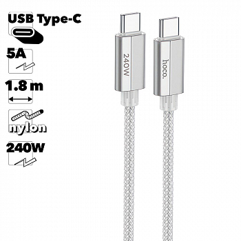 USB-C кабель HOCO U134 Primero Type-C, 5А, 240W, 1.8м, нейлон (серый)