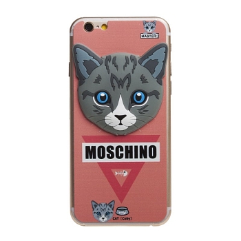 Защитное стекло для телефона Apple iPhone 6, 6S Moschino на переднюю и заднюю часть Кот Серый, красное