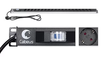 Cabeus PDU-16-20S-B Блок розеток для 19" шкафов, вертикальный, 20 розеток Schuko, 16А, автомат защиты, алюминиевый корпус, шнур с вилкой Schuko 2 м